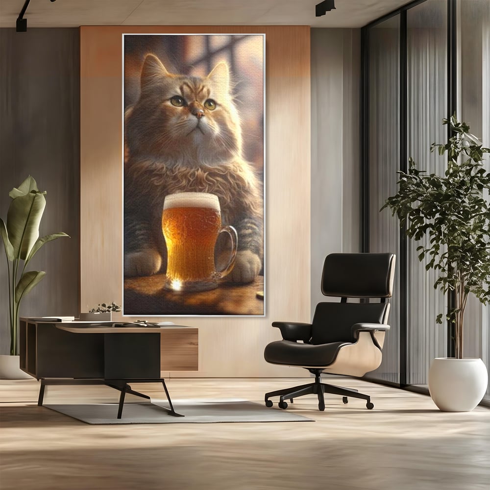 Tablou canvas cu tablou canvas cu motan pufos si halba de bere, in rama de aluminiu argintiu, pe perete intr-un birou